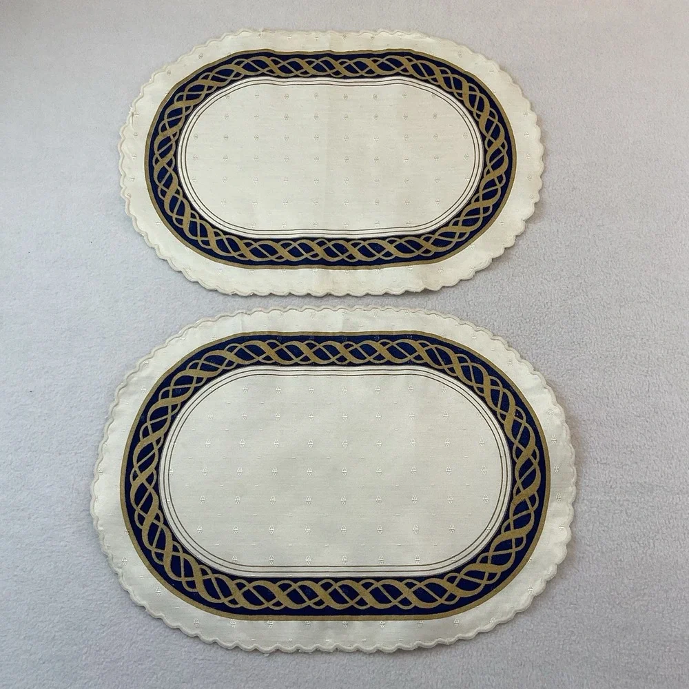 Lenox Hamilton Oval Placemats Cloth Set Of 2 Ivory Gold Navy Blue Vintage Lot #6